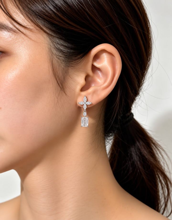 Emerald cut sunflower diamond earrings stud