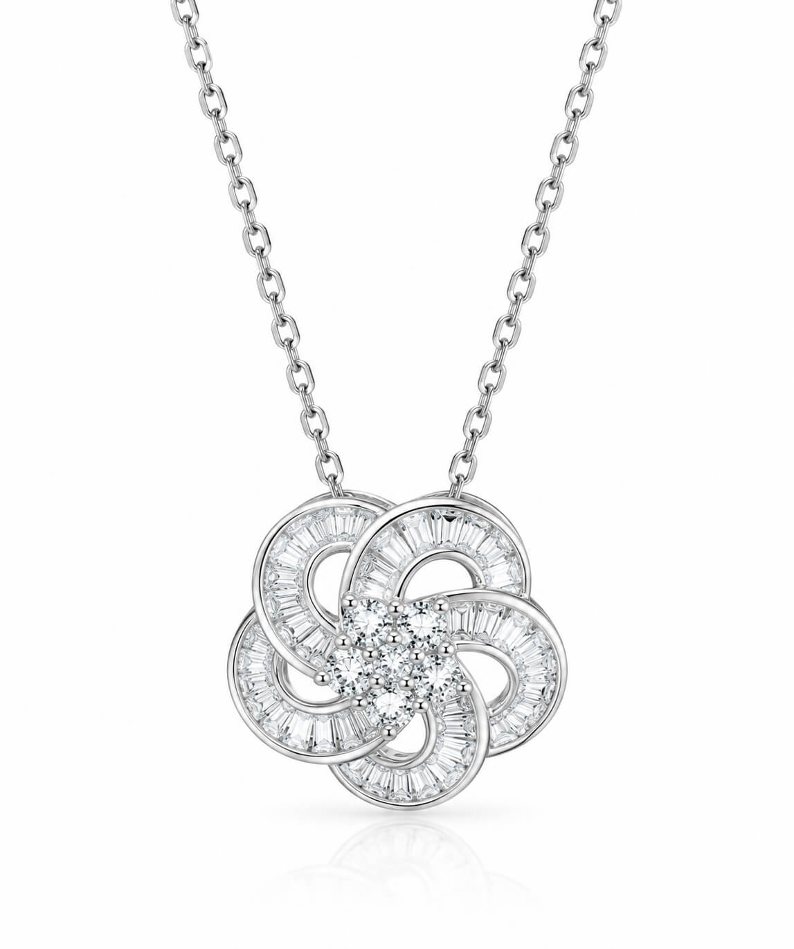 Five-petaled flower trapezoid round cut lab grown diamond necklace
