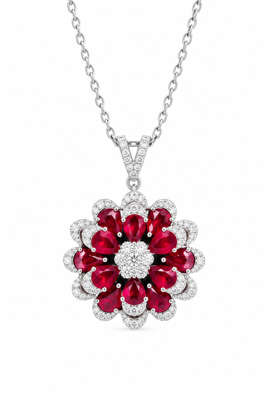 Flower bud design pear cut lab grown ruby pendant necklace