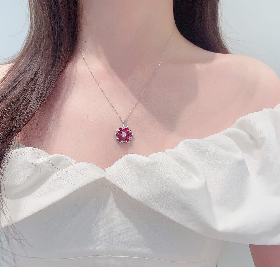 Flower bud design pear cut lab grown ruby pendant necklace