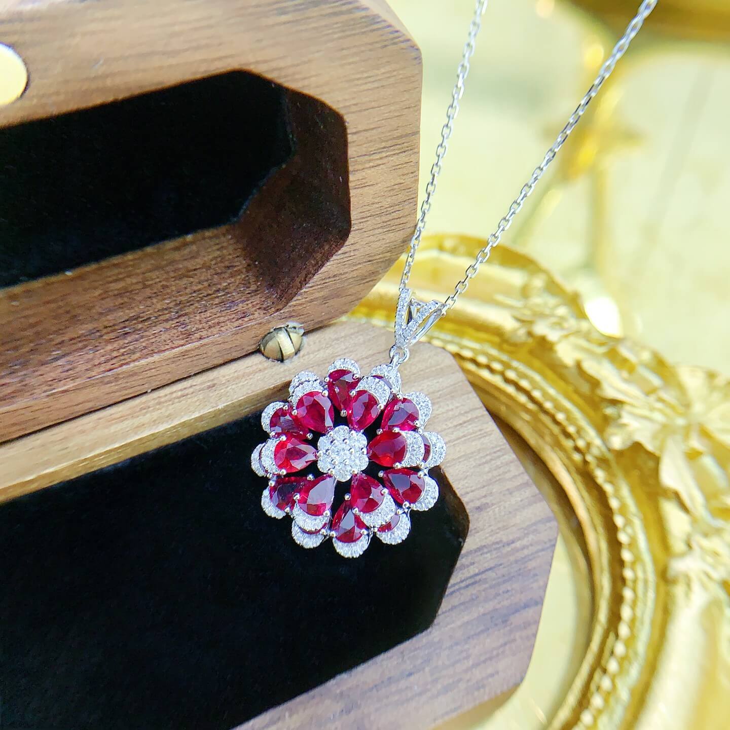 Flower bud design pear cut lab grown ruby pendant necklace