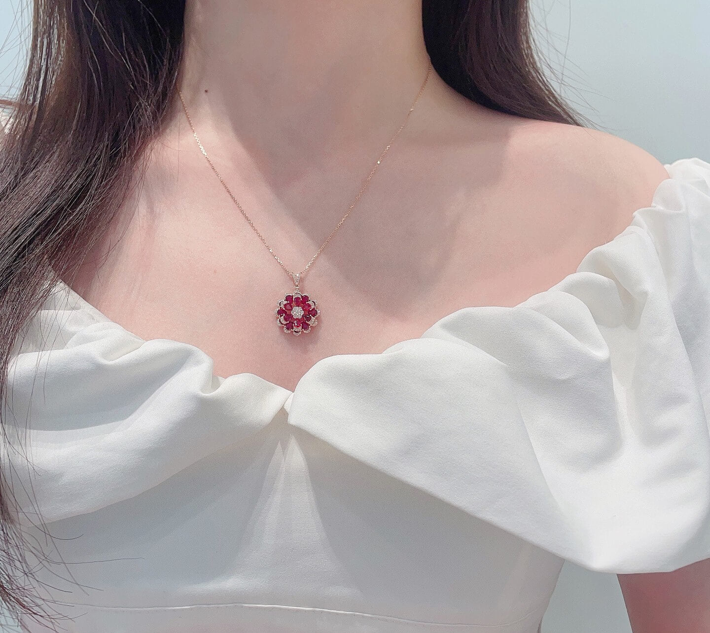 Flower bud design pear cut lab grown ruby pendant necklace