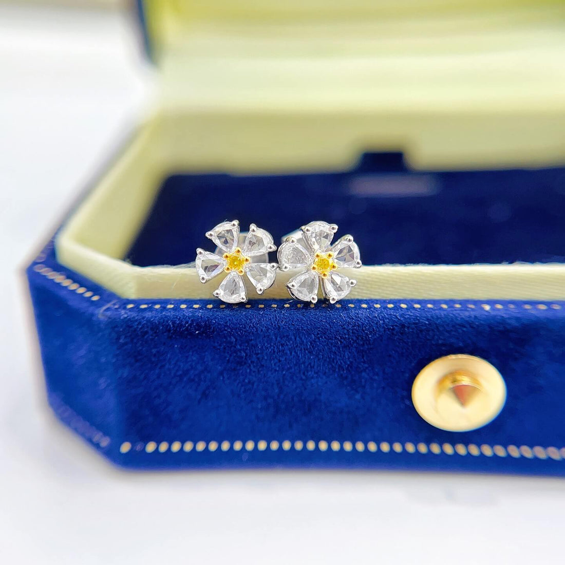Flower design round cut lab grown yellow diamond earrings stud
