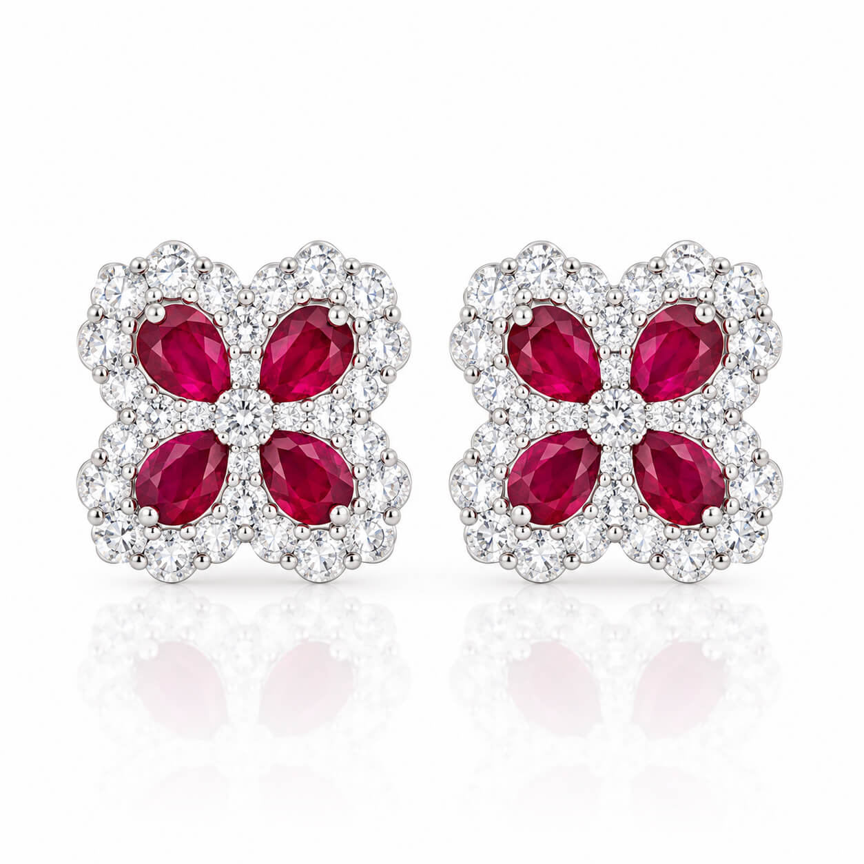 Four-leaf clover design pear cut lab grown ruby earrings stud