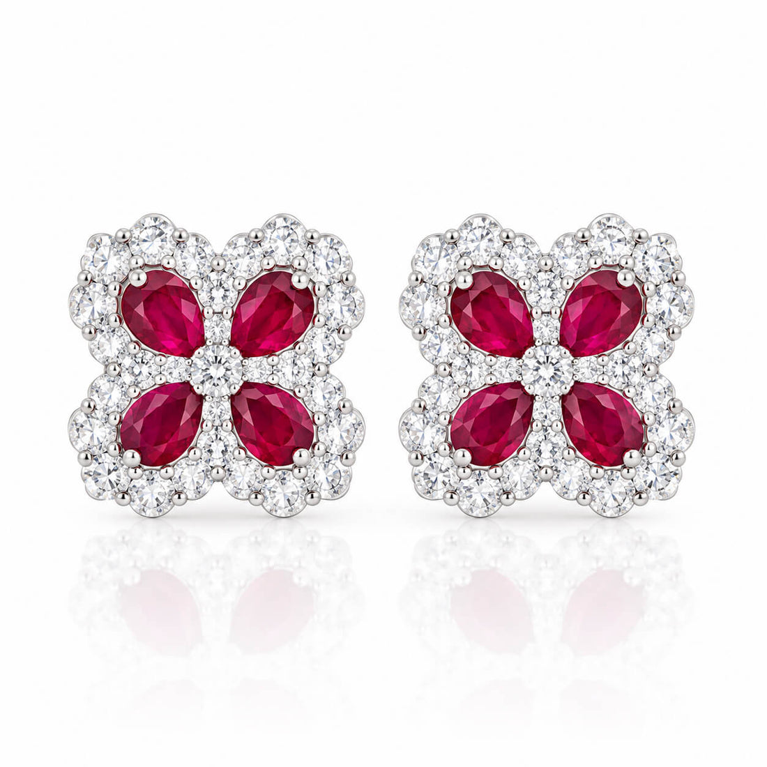 Four-leaf clover design pear cut lab grown ruby earrings stud