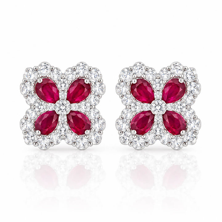 Four-leaf clover design pear cut lab grown ruby earrings stud