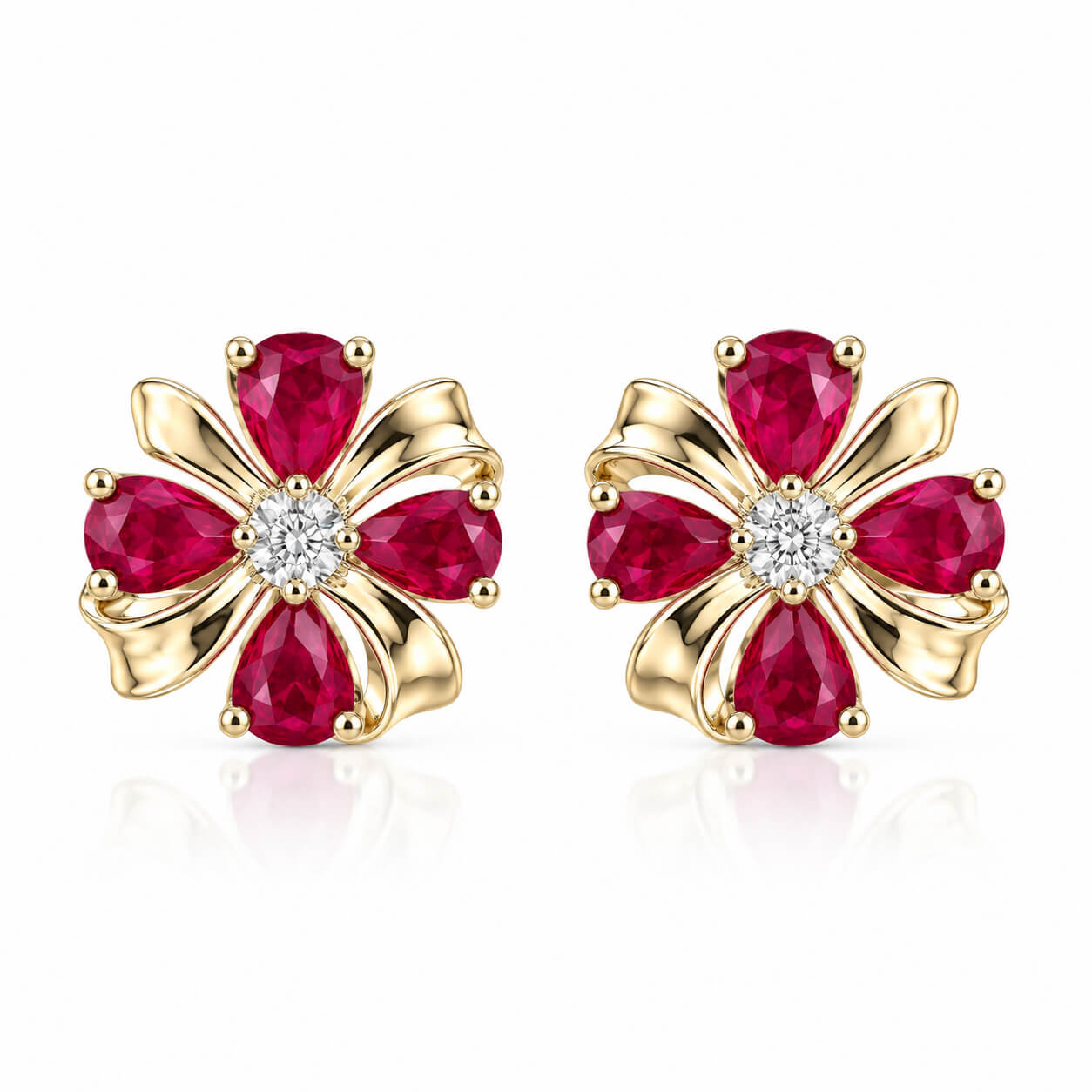 Four-leaf clover design pear cut lab grown ruby earrings stud