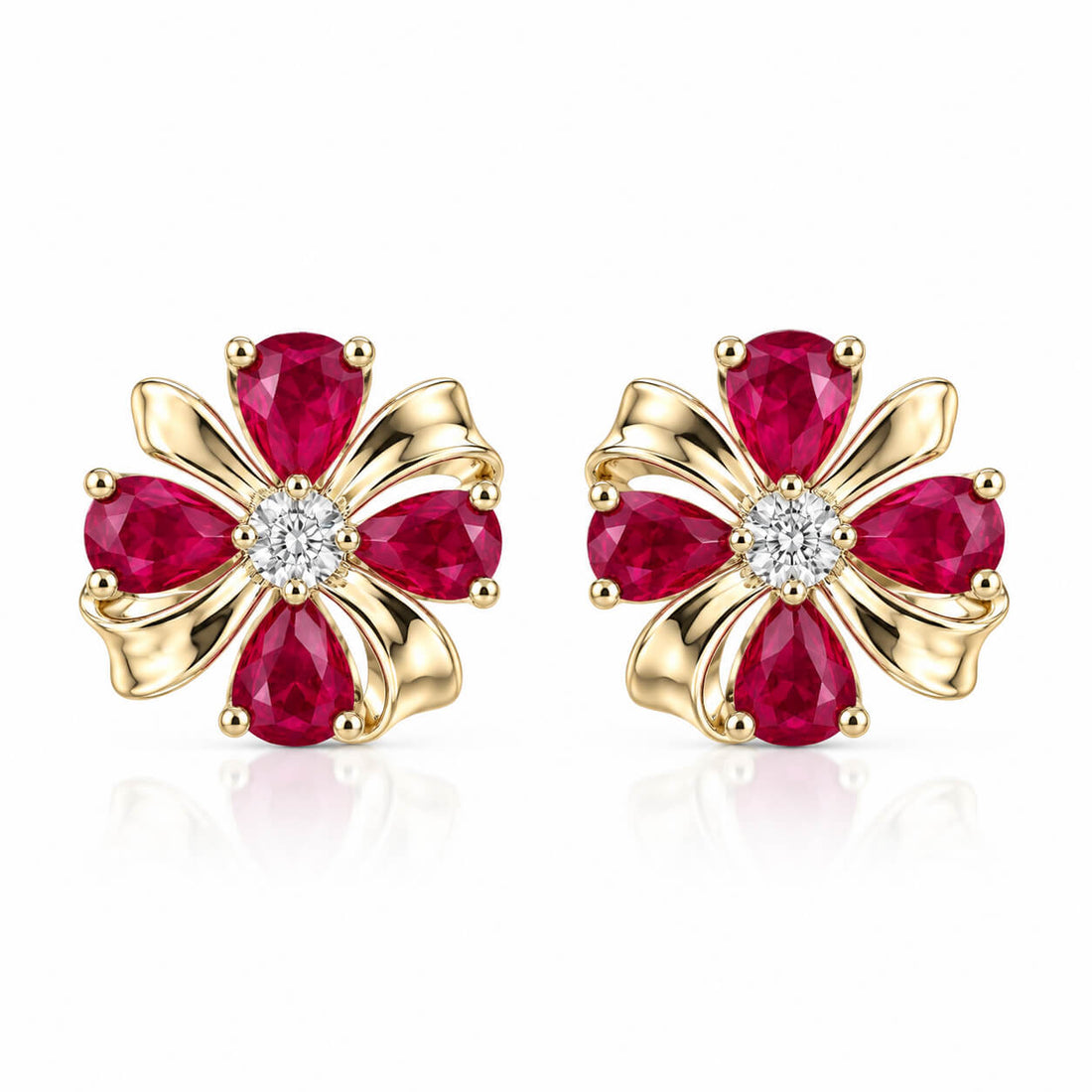 Four-leaf clover design pear cut lab grown ruby earrings stud