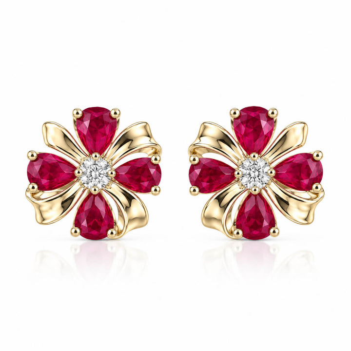 Four-leaf clover design pear cut lab grown ruby earrings stud
