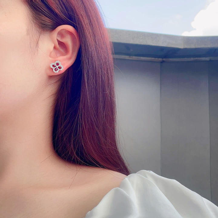Four-leaf clover design pear cut lab grown ruby earrings stud