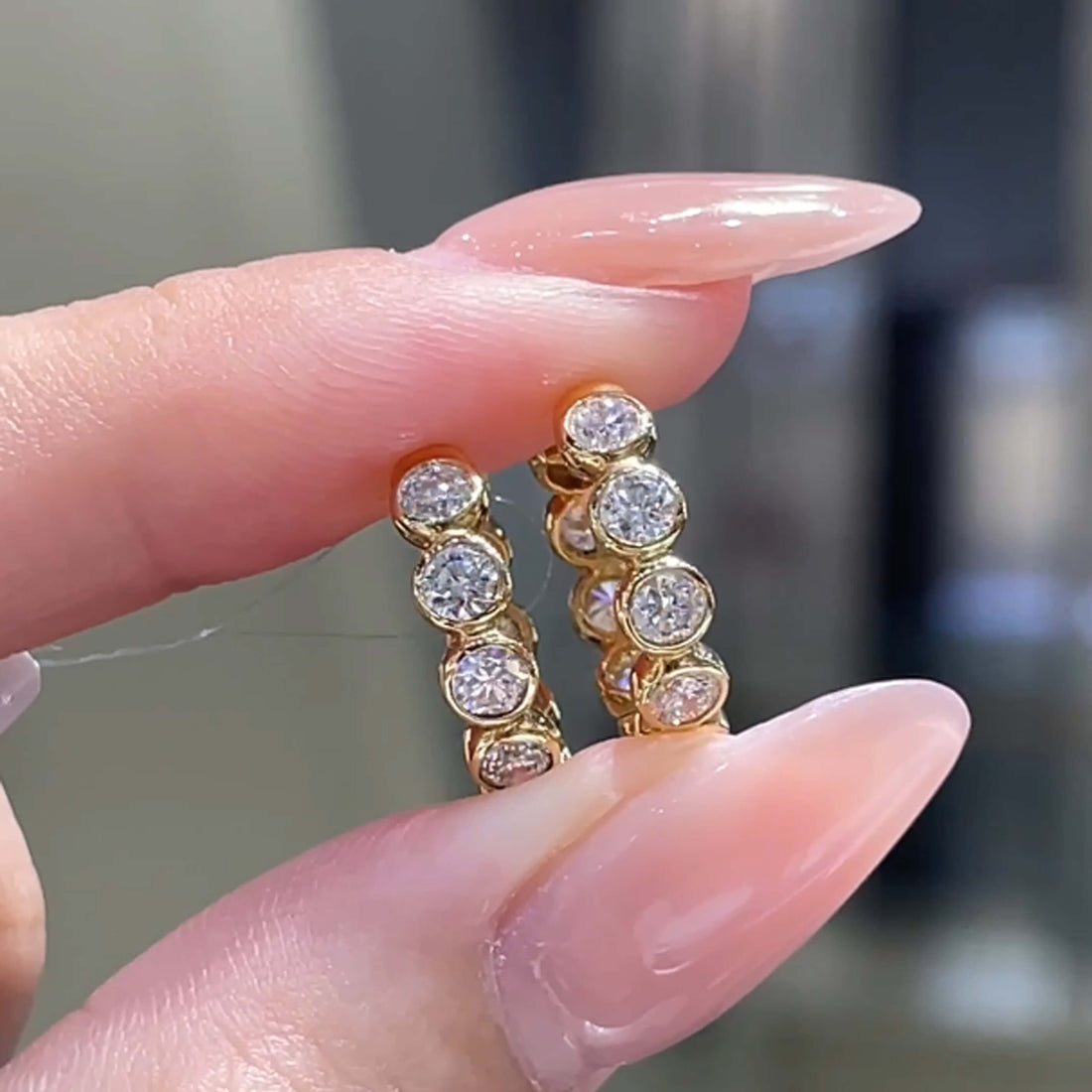 Full setting round cut lab grown diamond bubble hoop earrings