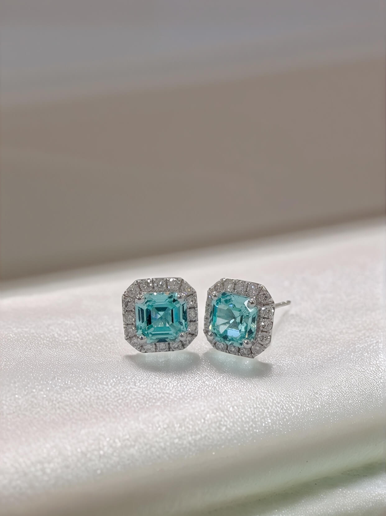 Halo setting asscher cut lab grown Paraiba earrings stud