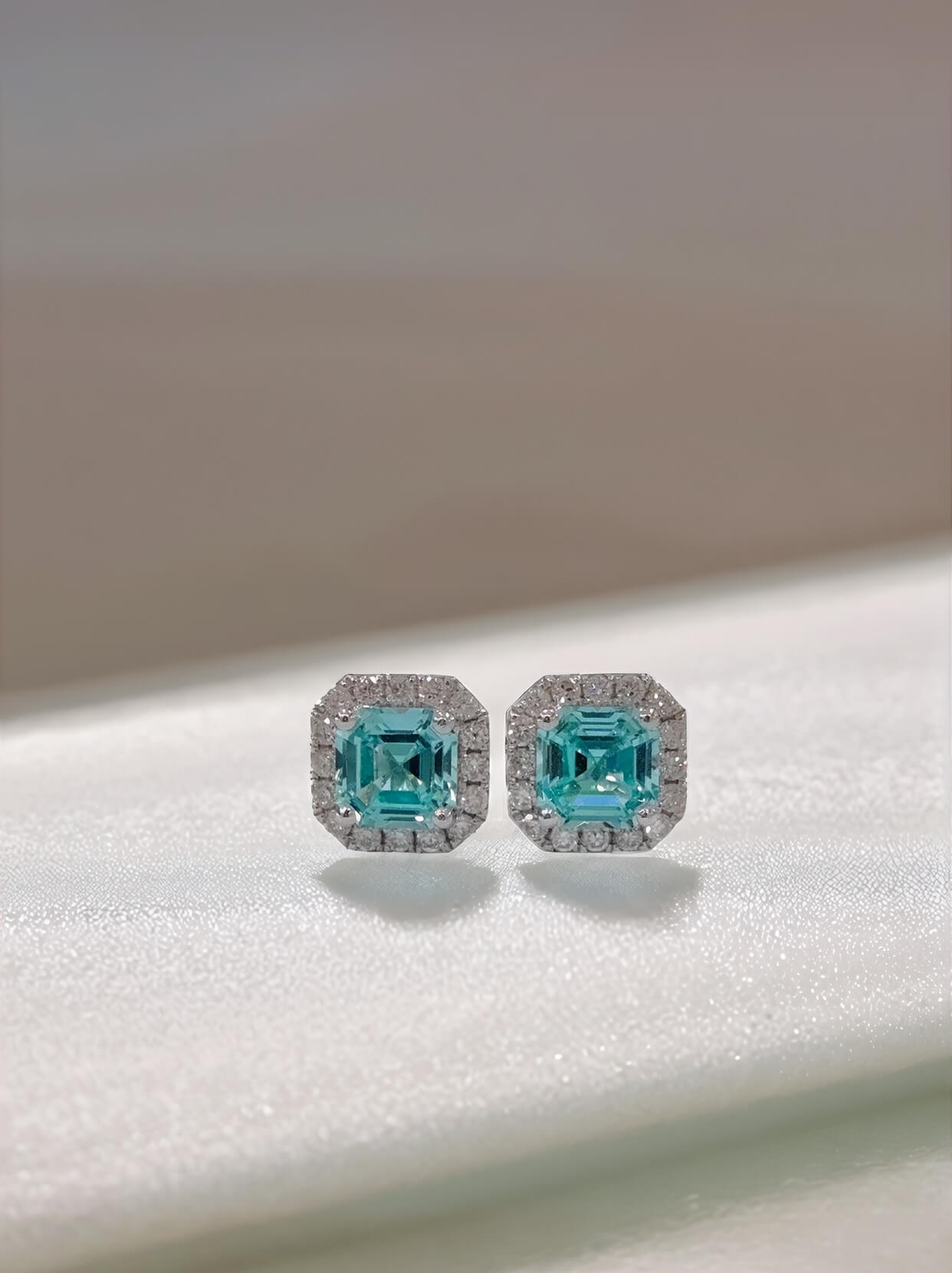 Halo setting asscher cut lab grown Paraiba earrings stud