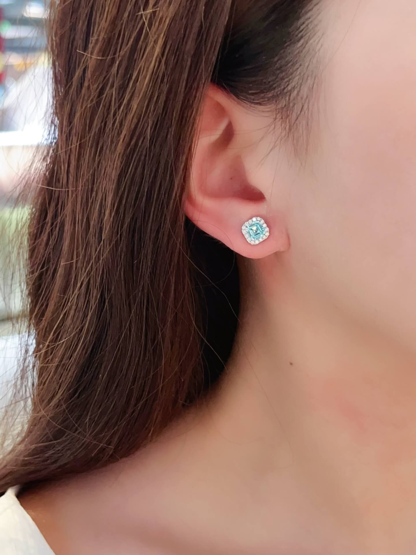 Halo setting asscher cut lab grown Paraiba earrings stud
