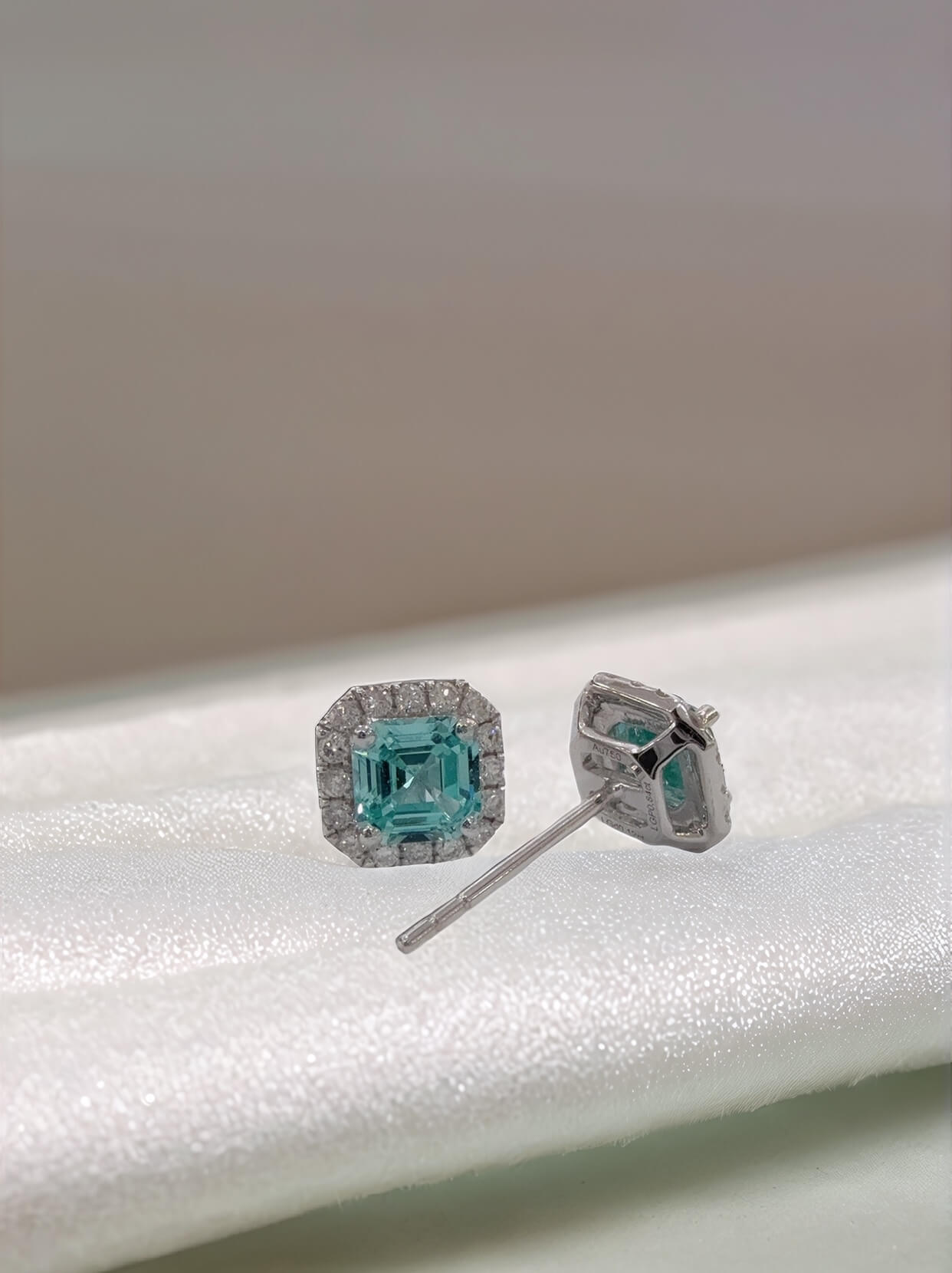 Halo setting asscher cut lab grown Paraiba earrings stud