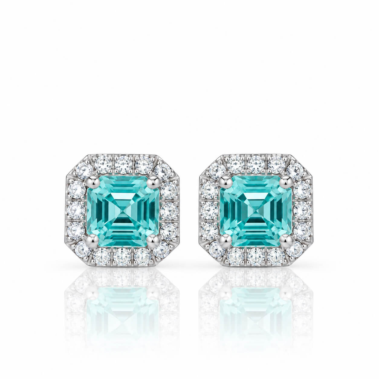 Halo setting asscher cut lab grown Paraiba earrings stud