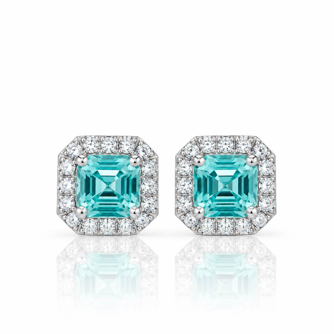 Halo setting asscher cut lab grown Paraiba earrings stud