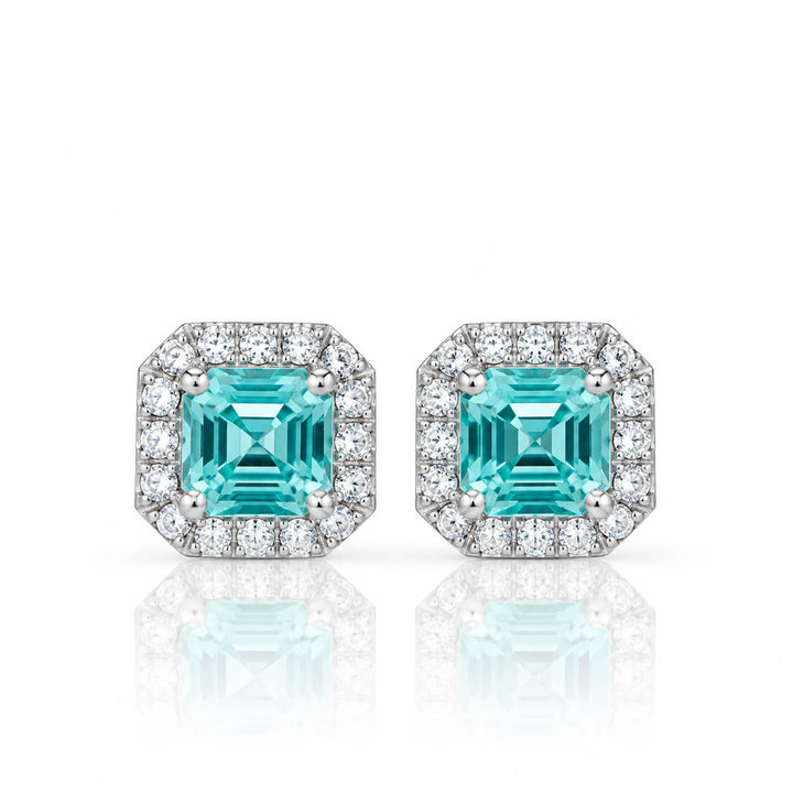 Halo setting asscher cut lab grown Paraiba earrings stud