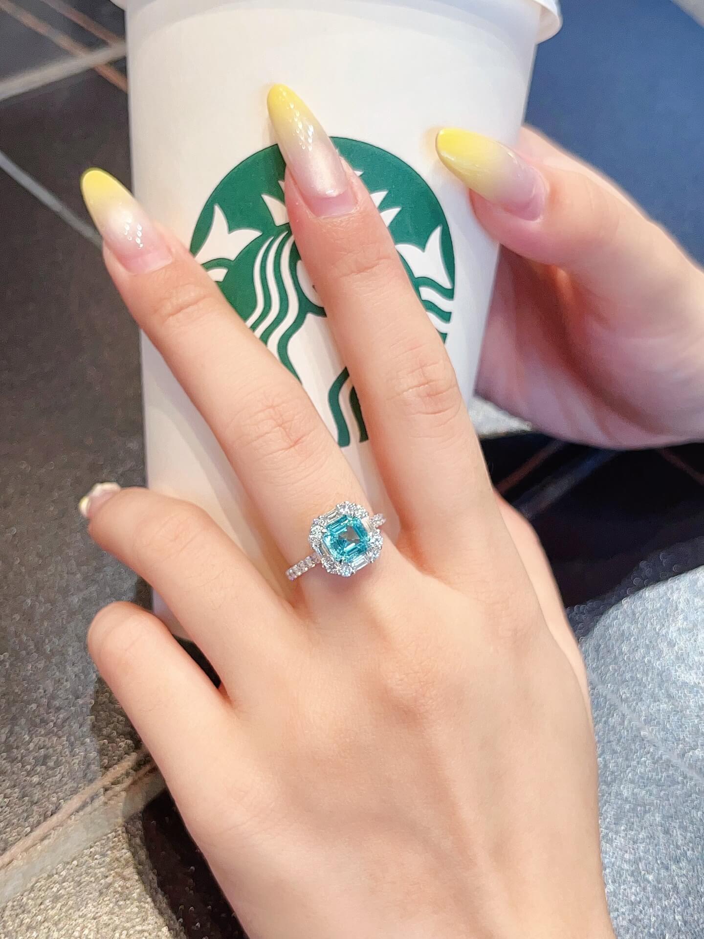 Halo setting asscher cut  lab grown Paraiba engagement ring