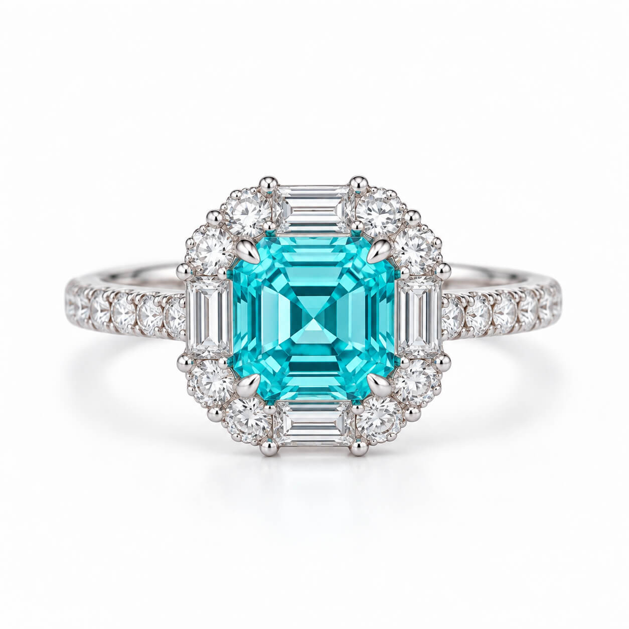 Halo setting asscher cut  lab grown Paraiba engagement ring