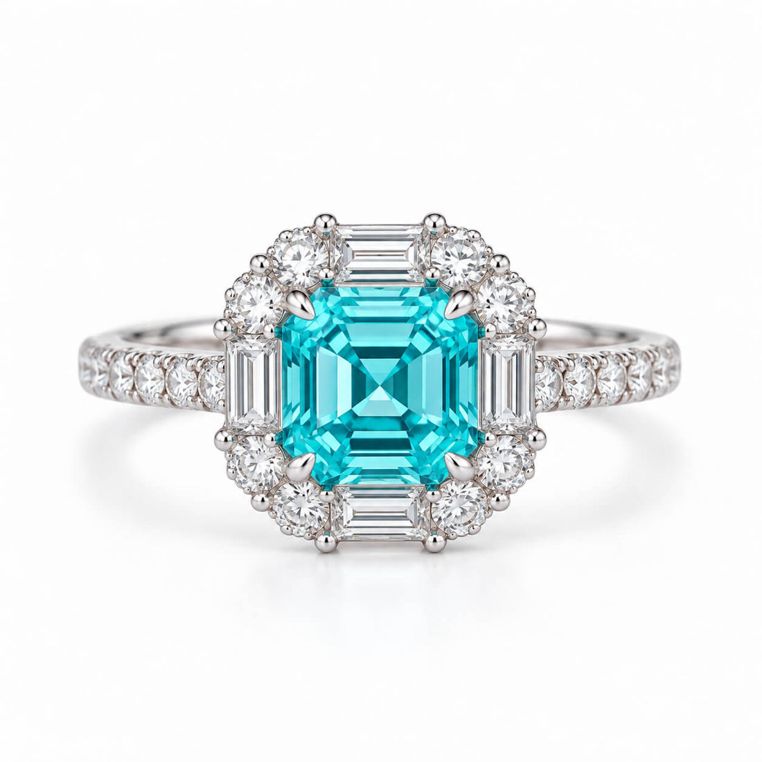 Halo setting asscher cut  lab grown Paraiba engagement ring