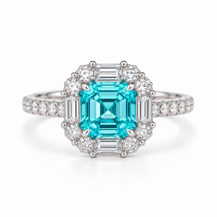 Halo setting asscher cut  lab grown Paraiba engagement ring