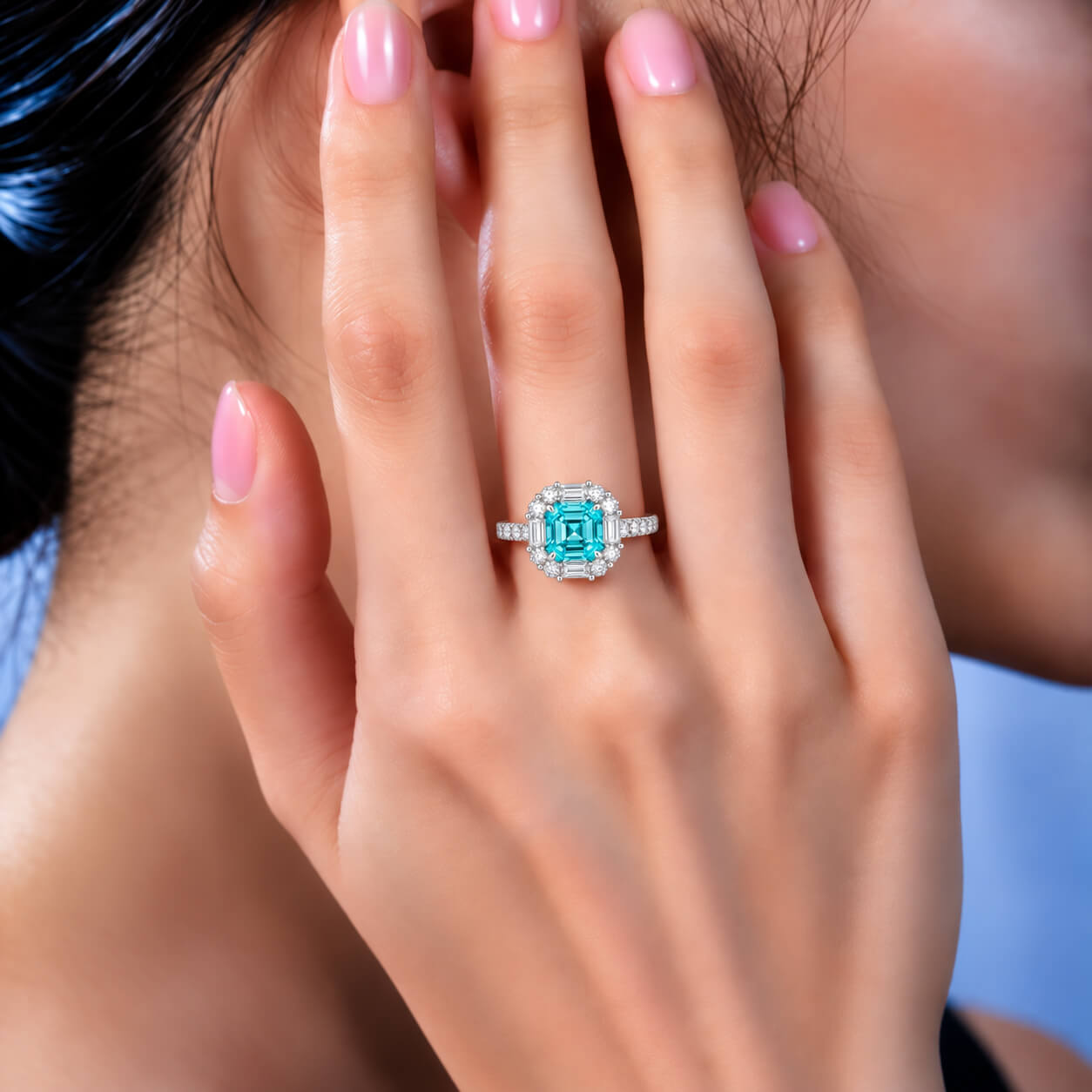 Halo setting asscher cut  lab grown Paraiba engagement ring