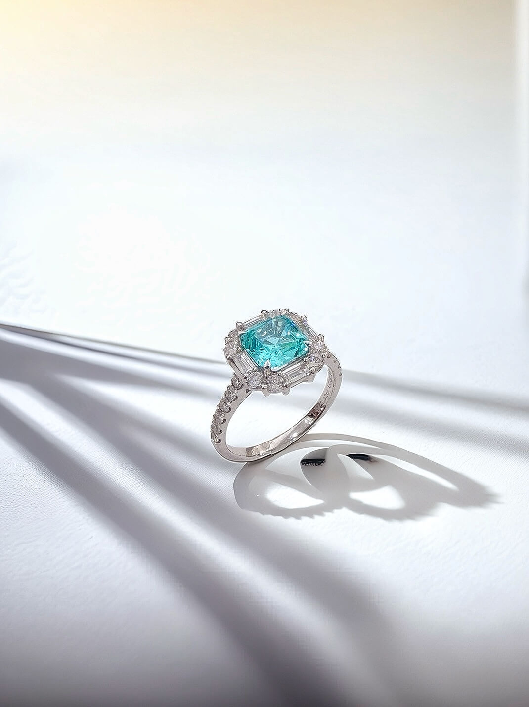 Halo setting asscher cut  lab grown Paraiba engagement ring