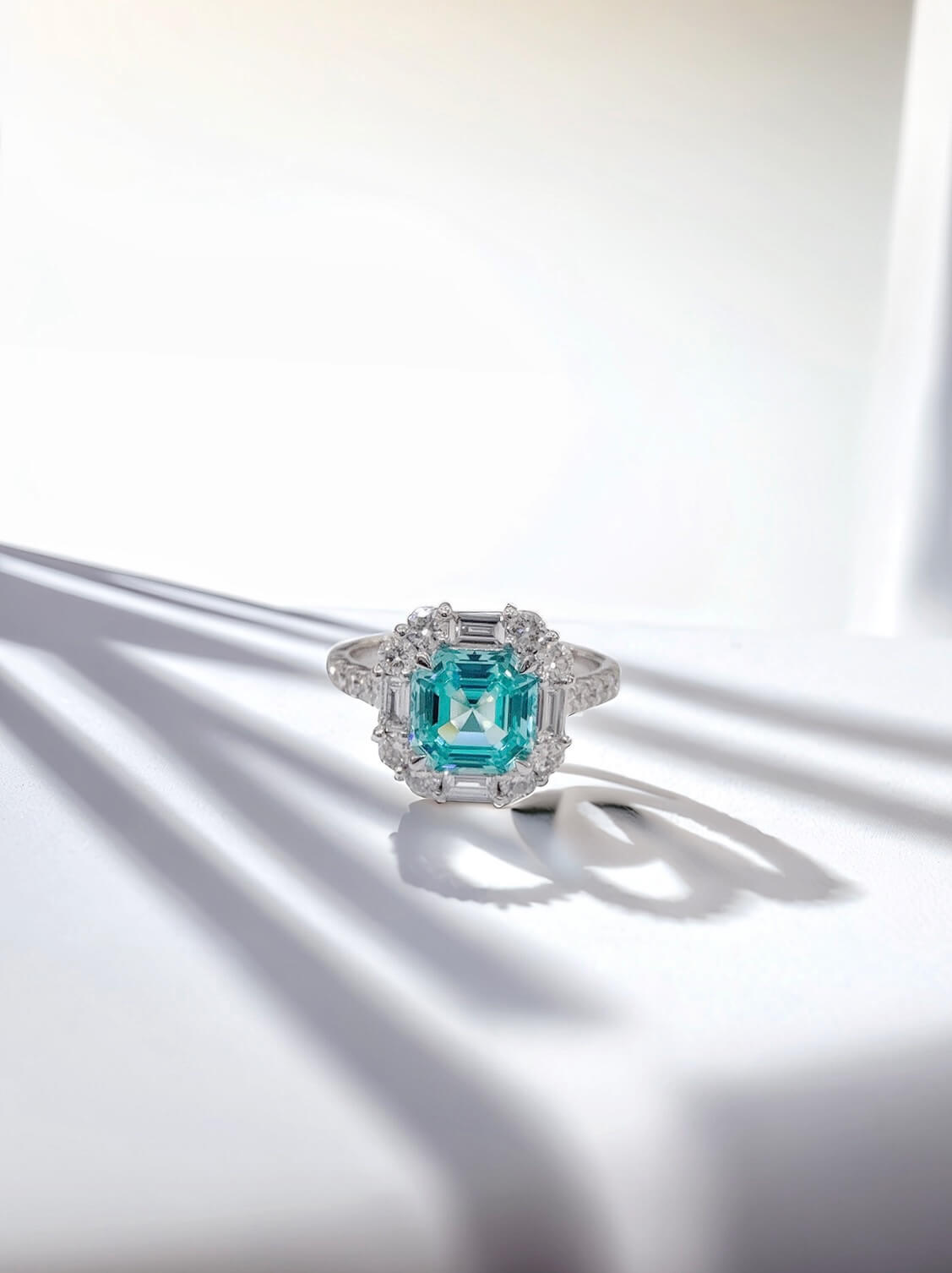 Halo setting asscher cut  lab grown Paraiba engagement ring