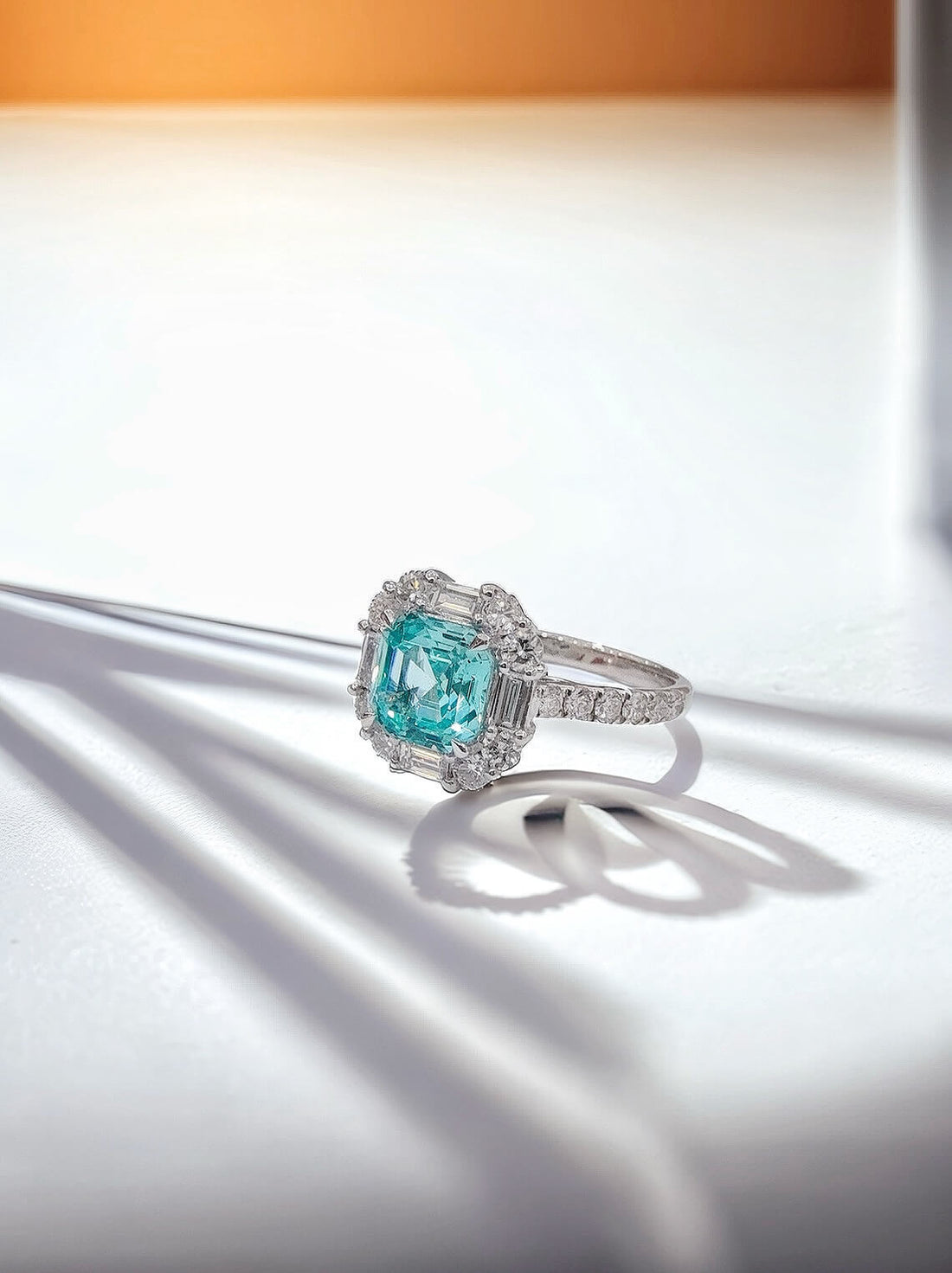 Halo setting asscher cut  lab grown Paraiba engagement ring