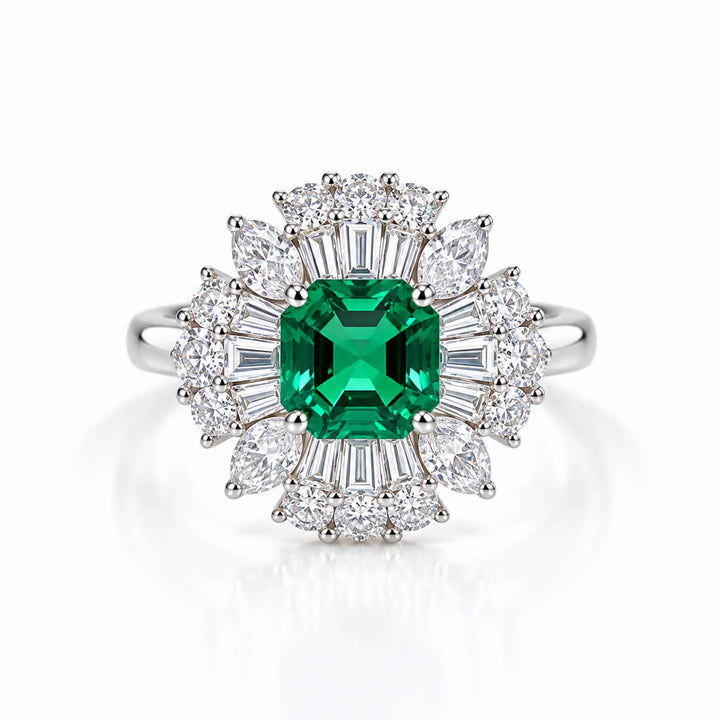 Halo setting asscher cut lab grown emerald engagement ring
