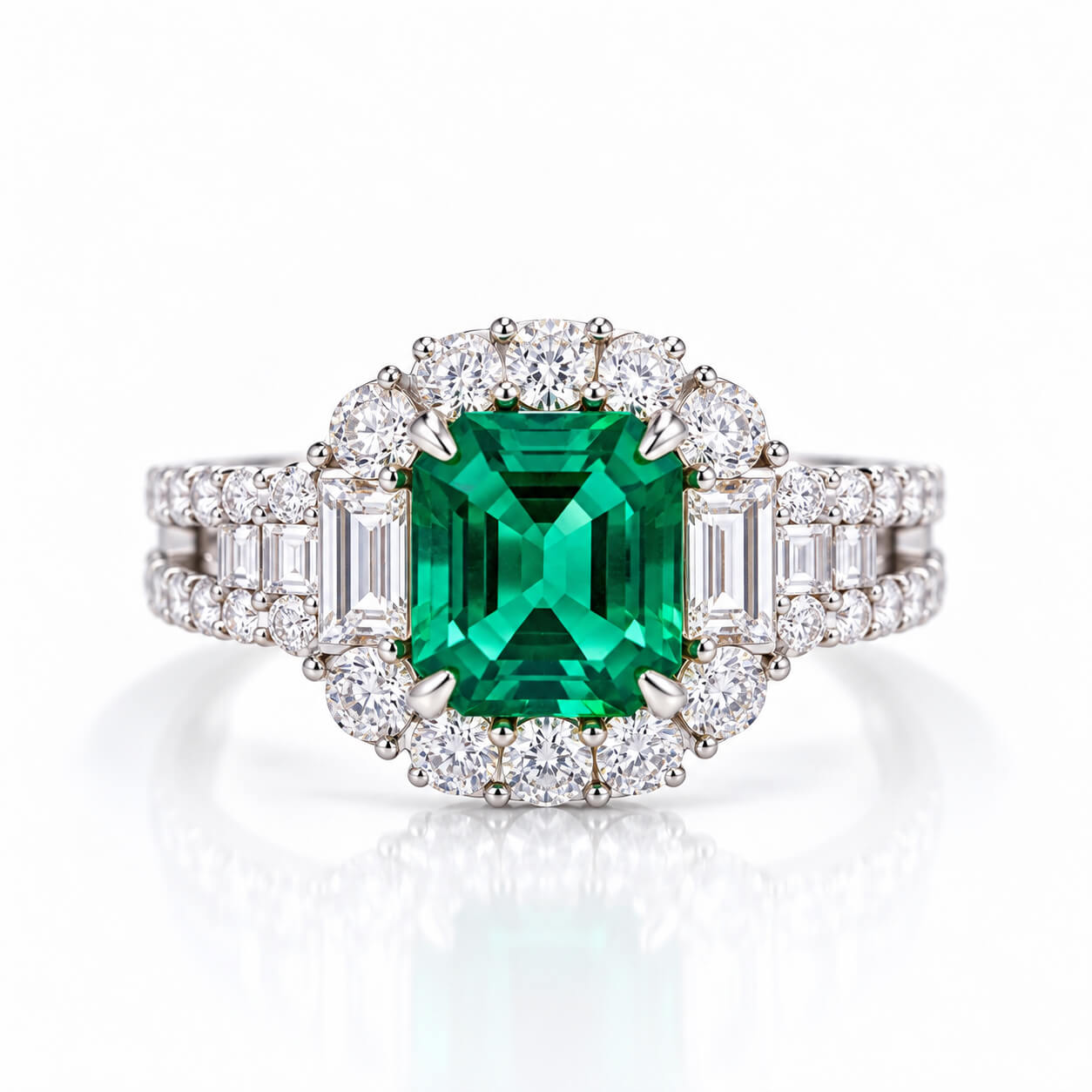 Halo setting asscher cut lab grown emerald engagement ring