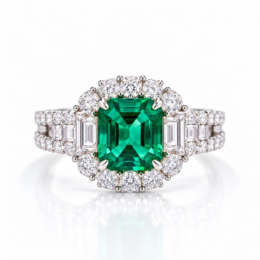 Halo setting asscher cut lab grown emerald engagement ring