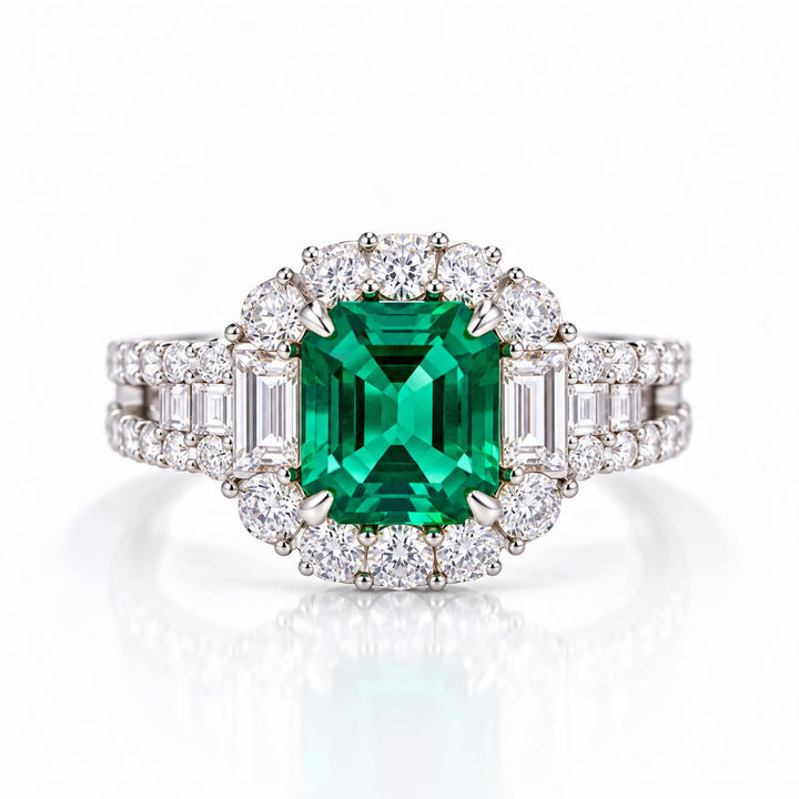 Halo setting asscher cut lab grown emerald engagement ring
