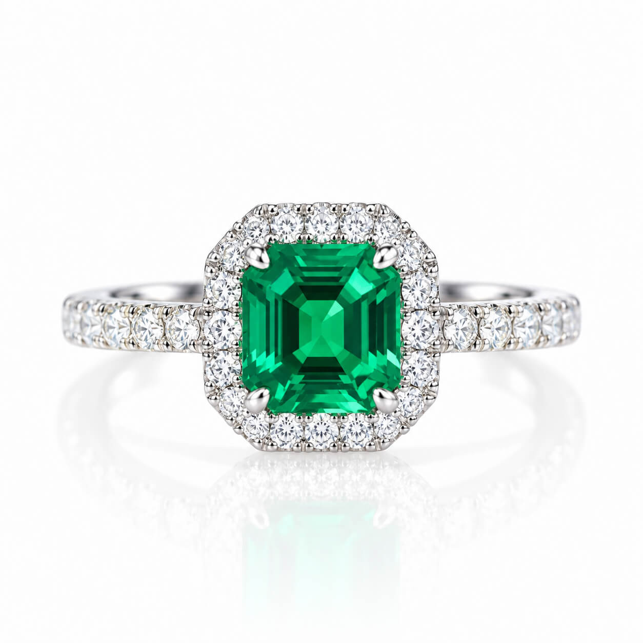 Halo setting asscher cut lab grown emerald engagement ring