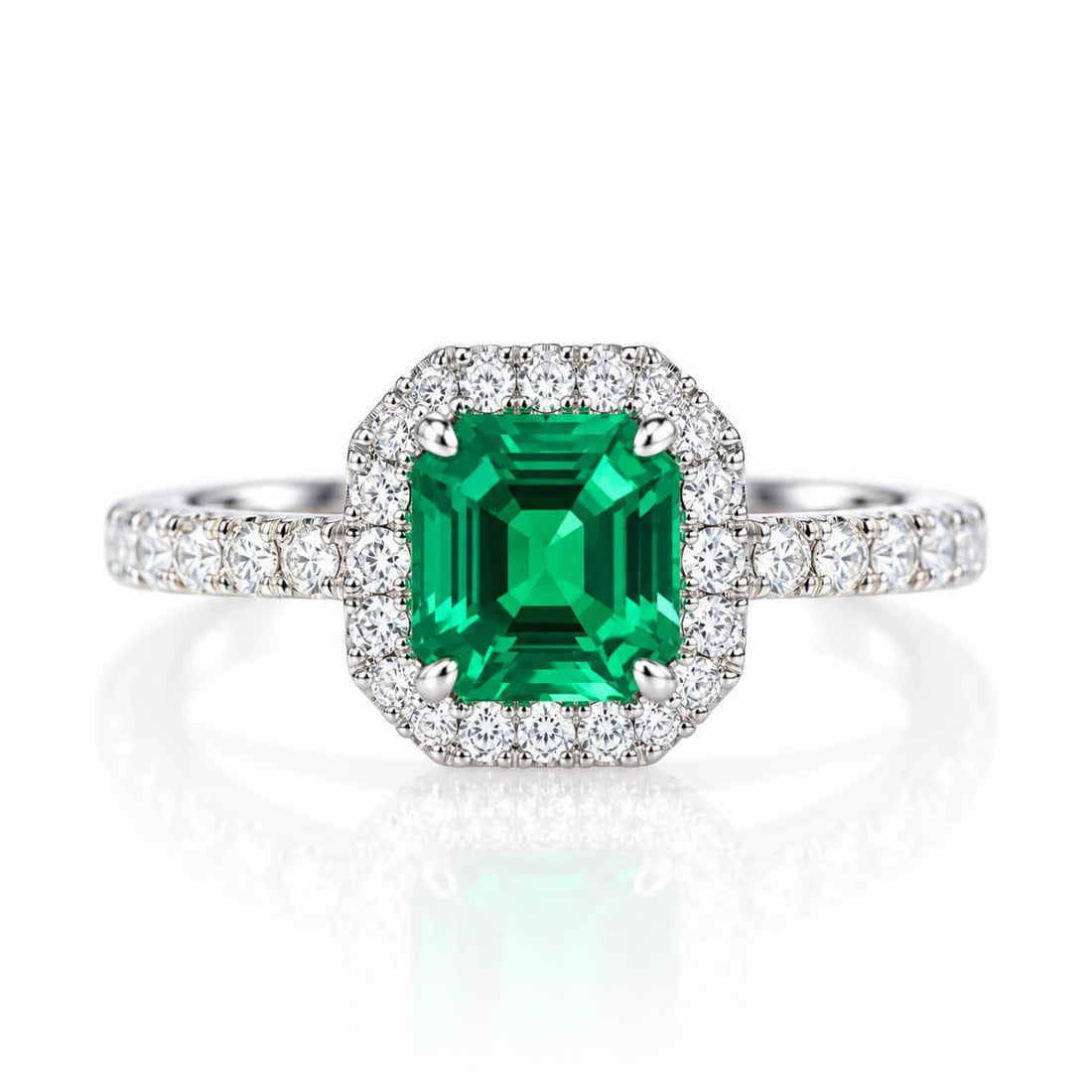 Halo setting asscher cut lab grown emerald engagement ring