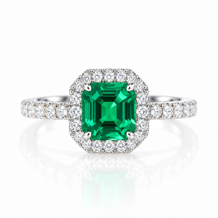 Halo setting asscher cut lab grown emerald engagement ring