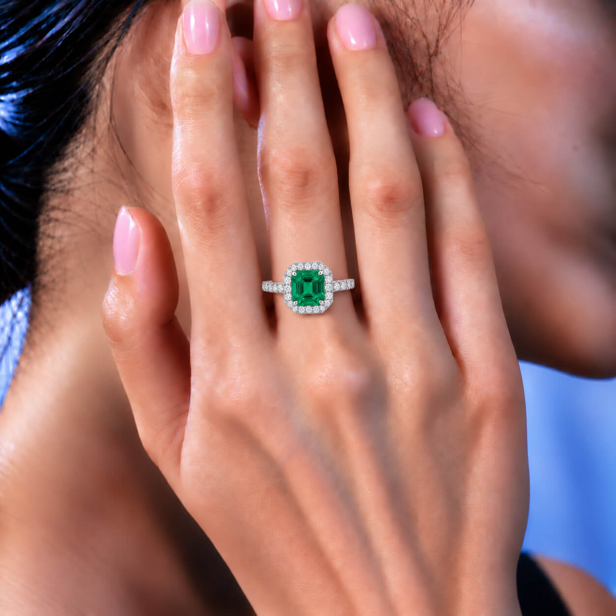 Halo setting asscher cut lab grown emerald engagement ring
