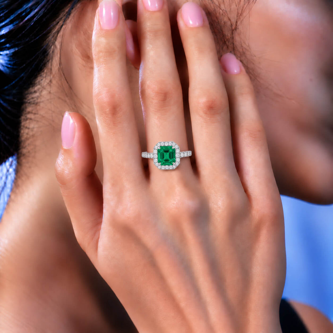 Halo setting asscher cut lab grown emerald engagement ring