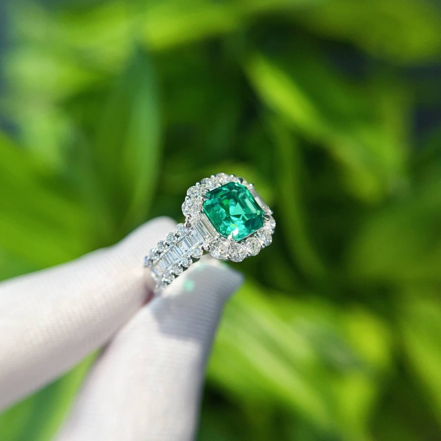 Halo setting asscher cut lab grown emerald engagement ring