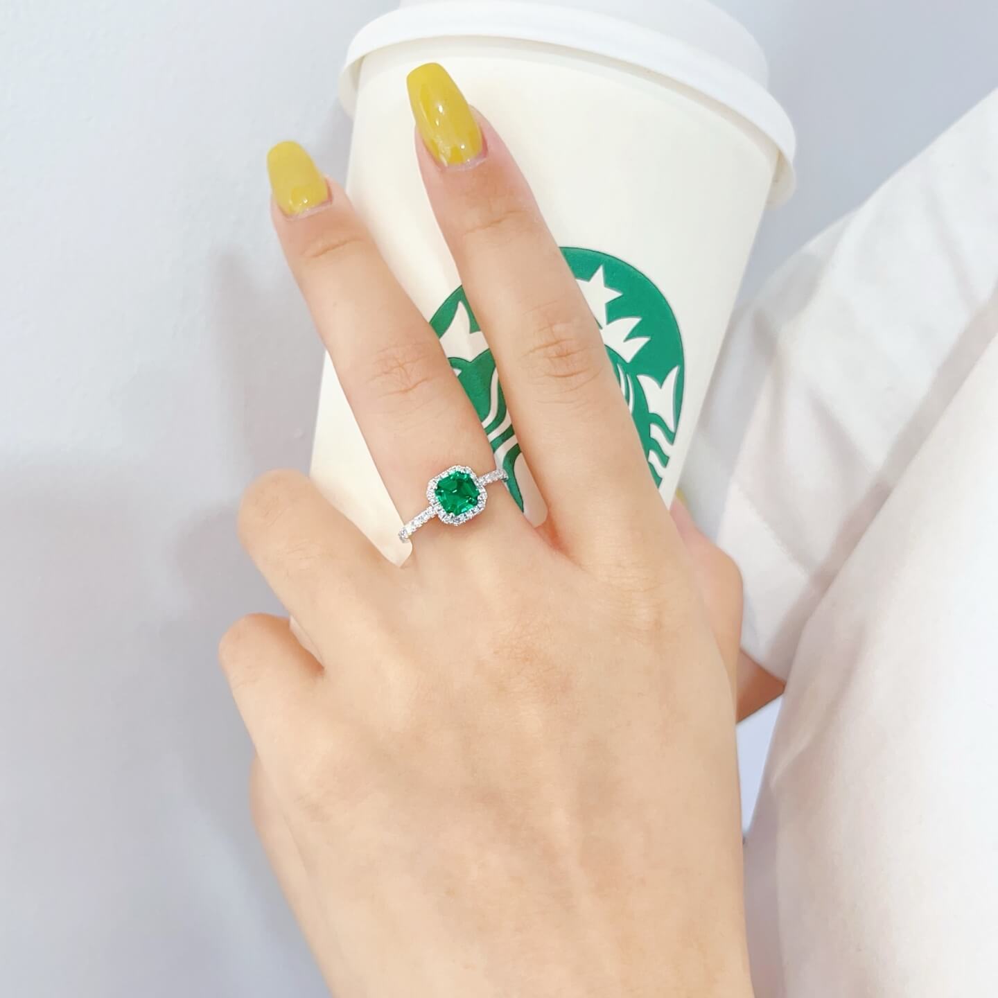 Halo setting asscher cut lab grown emerald engagement ring