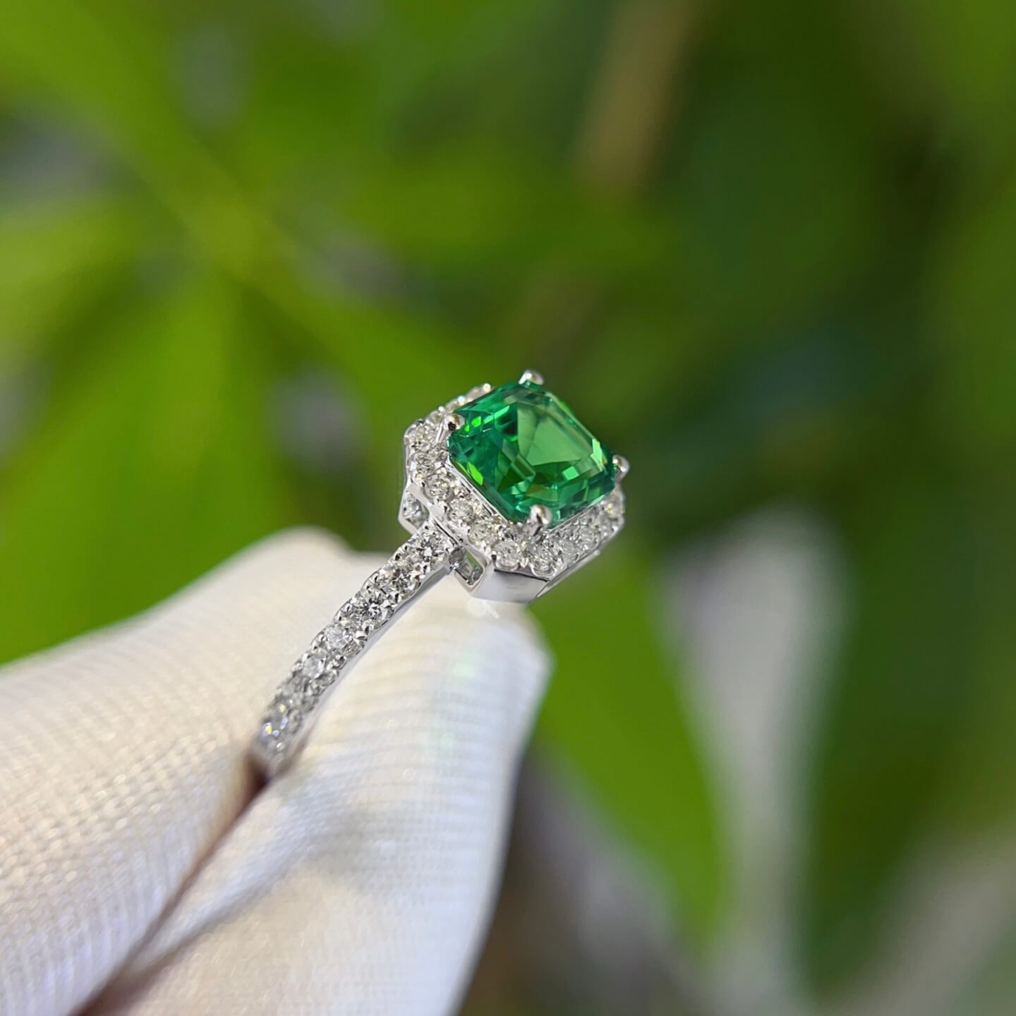 Halo setting asscher cut lab grown emerald engagement ring