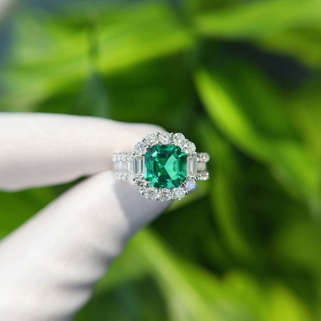Halo setting asscher cut lab grown emerald engagement ring