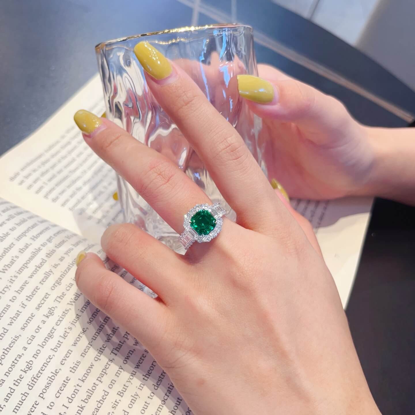 Halo setting asscher cut lab grown emerald engagement ring