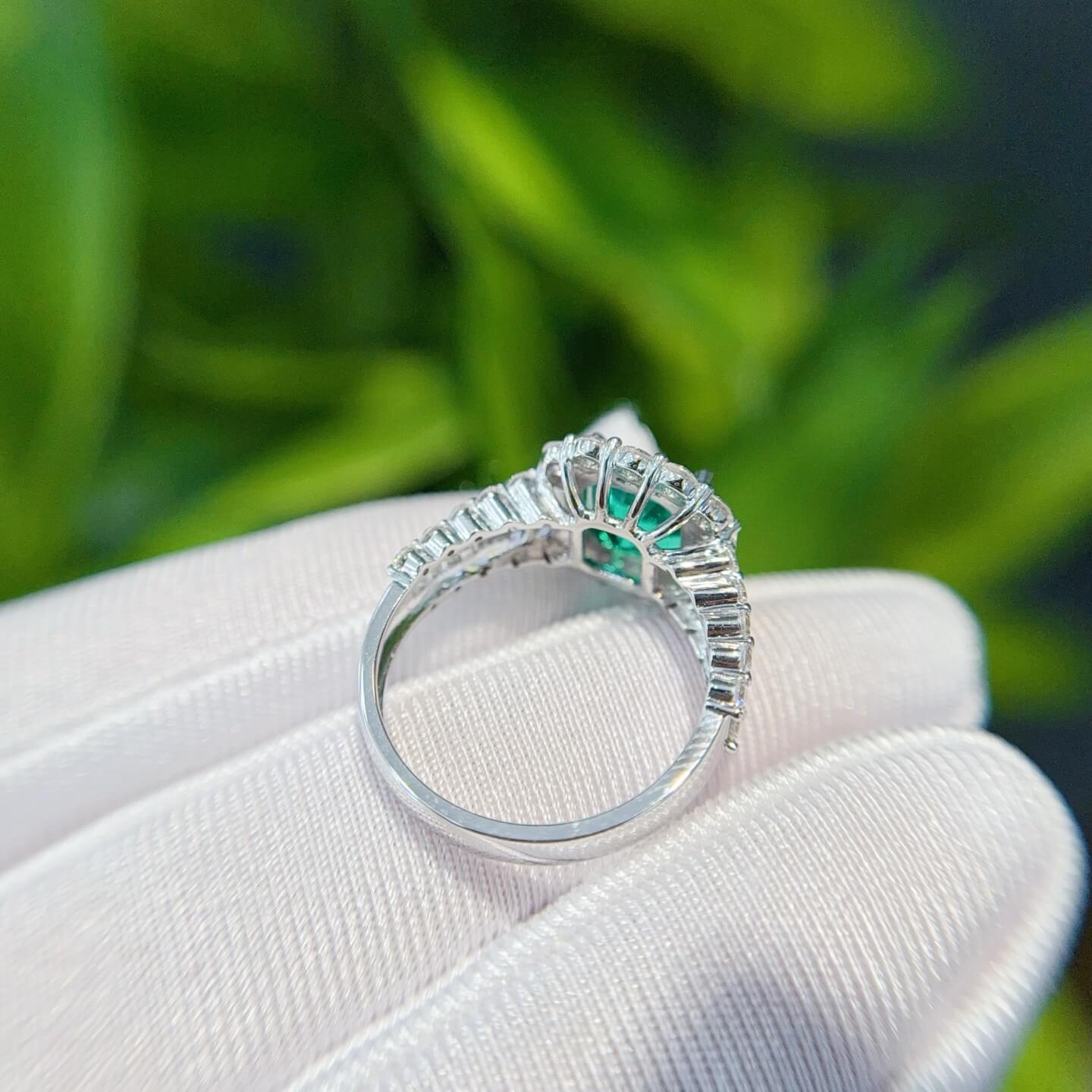 Halo setting asscher cut lab grown emerald engagement ring