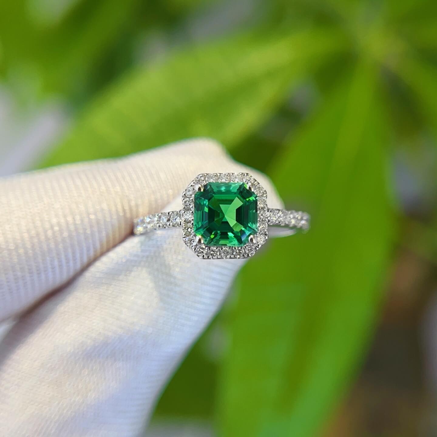 Halo setting asscher cut lab grown emerald engagement ring