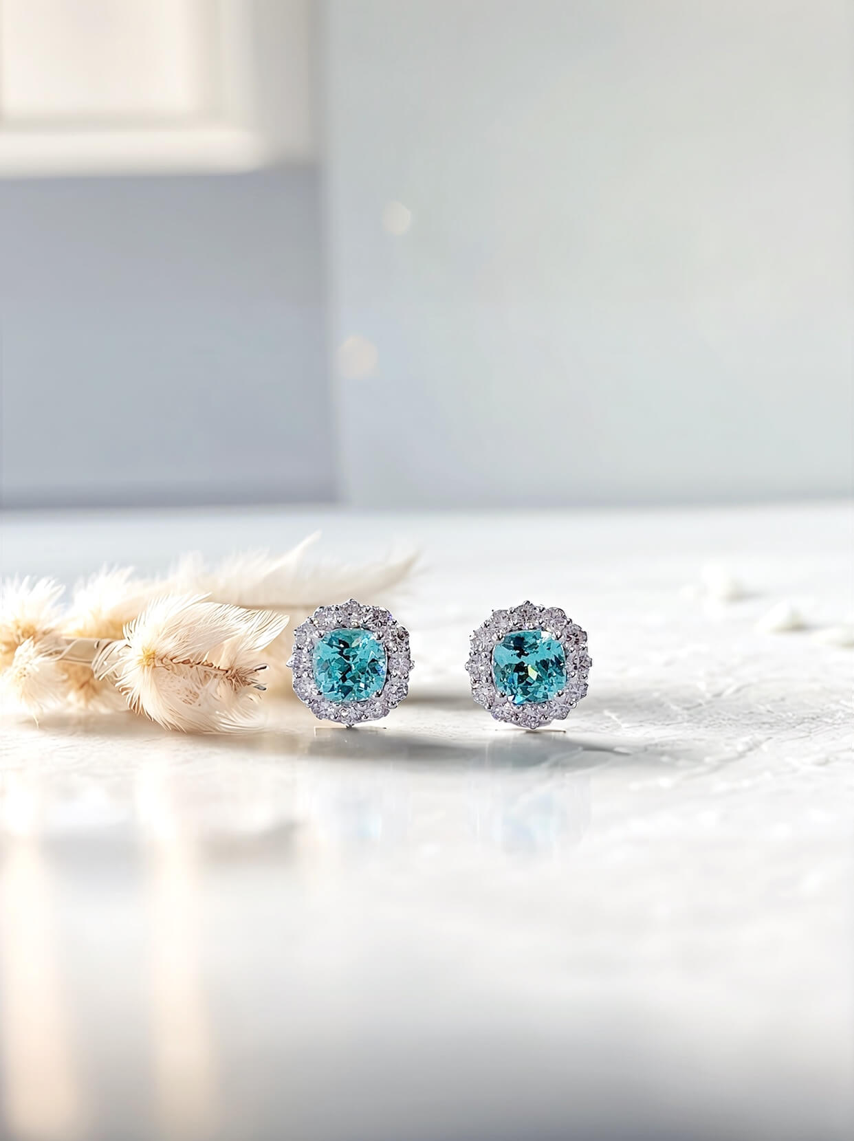 Halo setting cushion cut lab grown Paraiba earrings stud