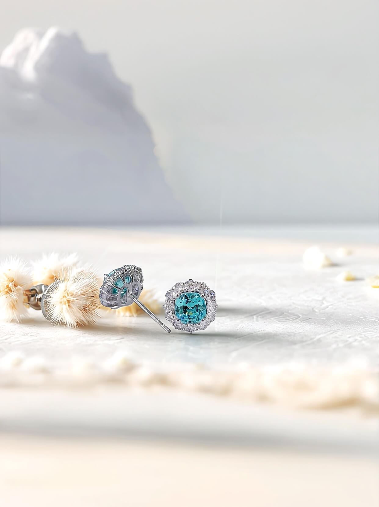 Halo setting cushion cut lab grown Paraiba earrings stud