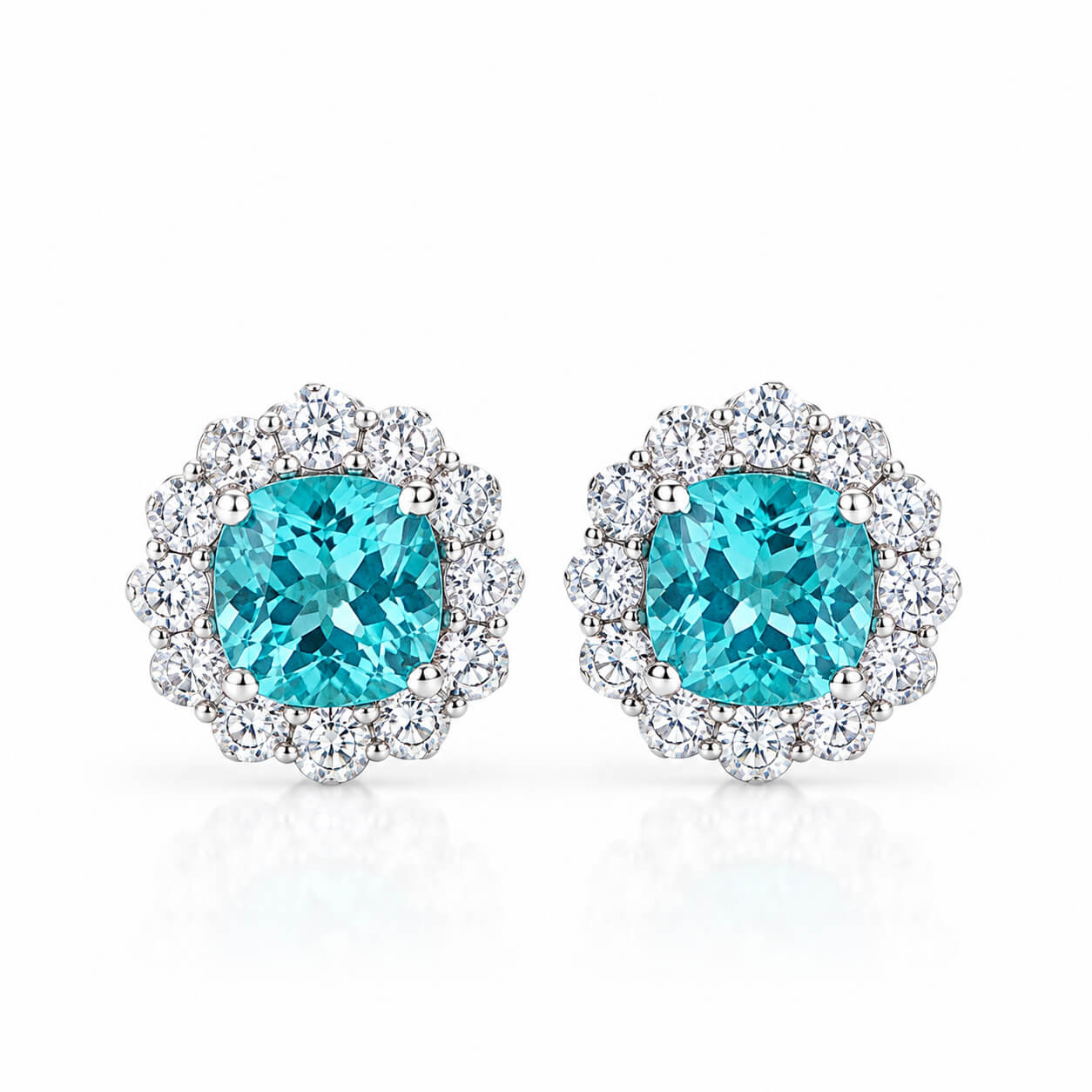 Halo setting cushion cut lab grown Paraiba earrings stud