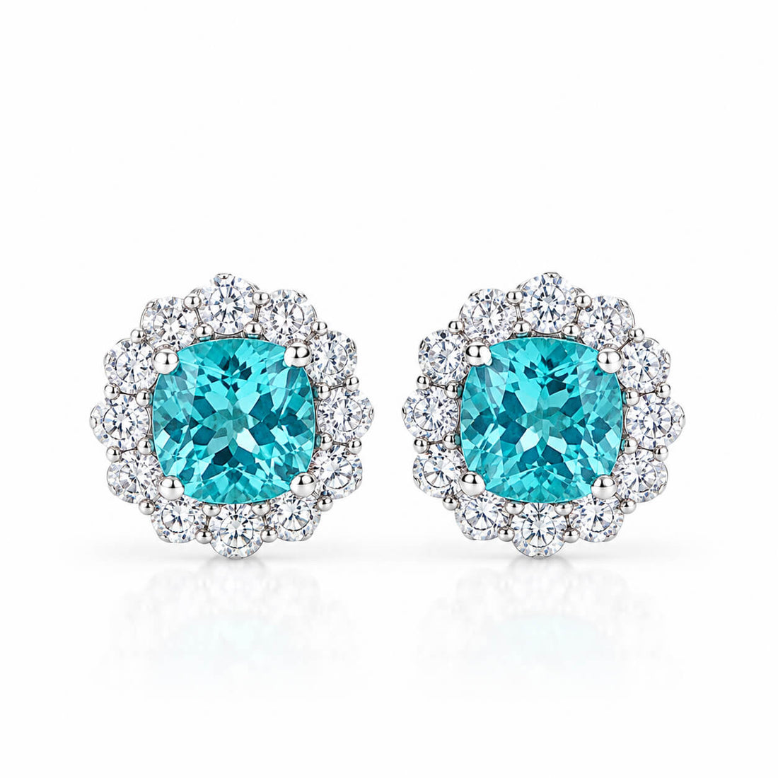 Halo setting cushion cut lab grown Paraiba earrings stud